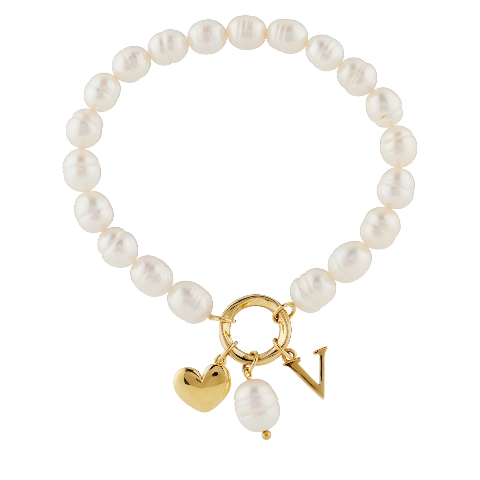 Lara Pearl 7-8mm Fresh Water Pearl Initial Charm Love Letters Stretch Bracelet