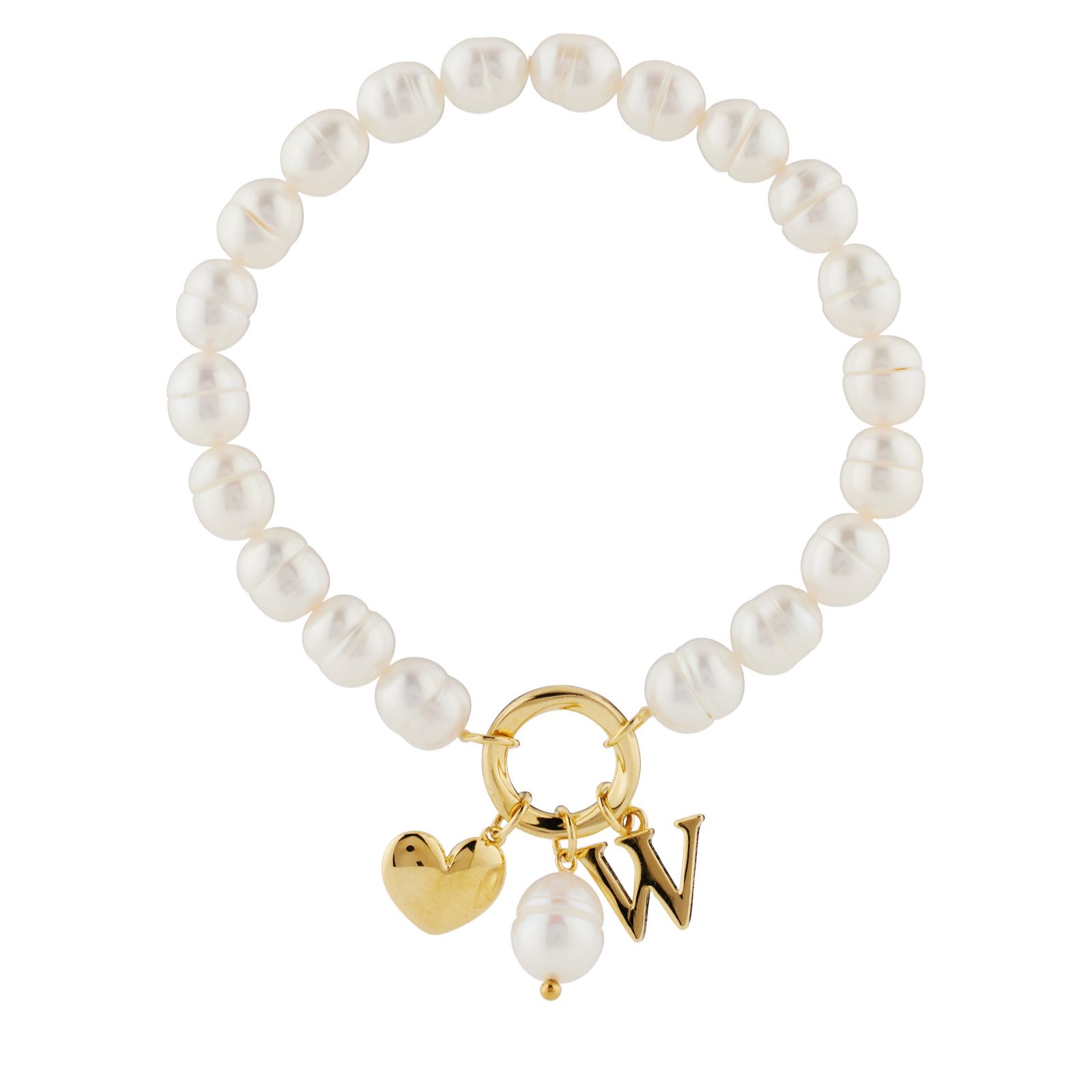 Lara Pearl 7-8mm Fresh Water Pearl Initial Charm Love Letters Stretch Bracelet