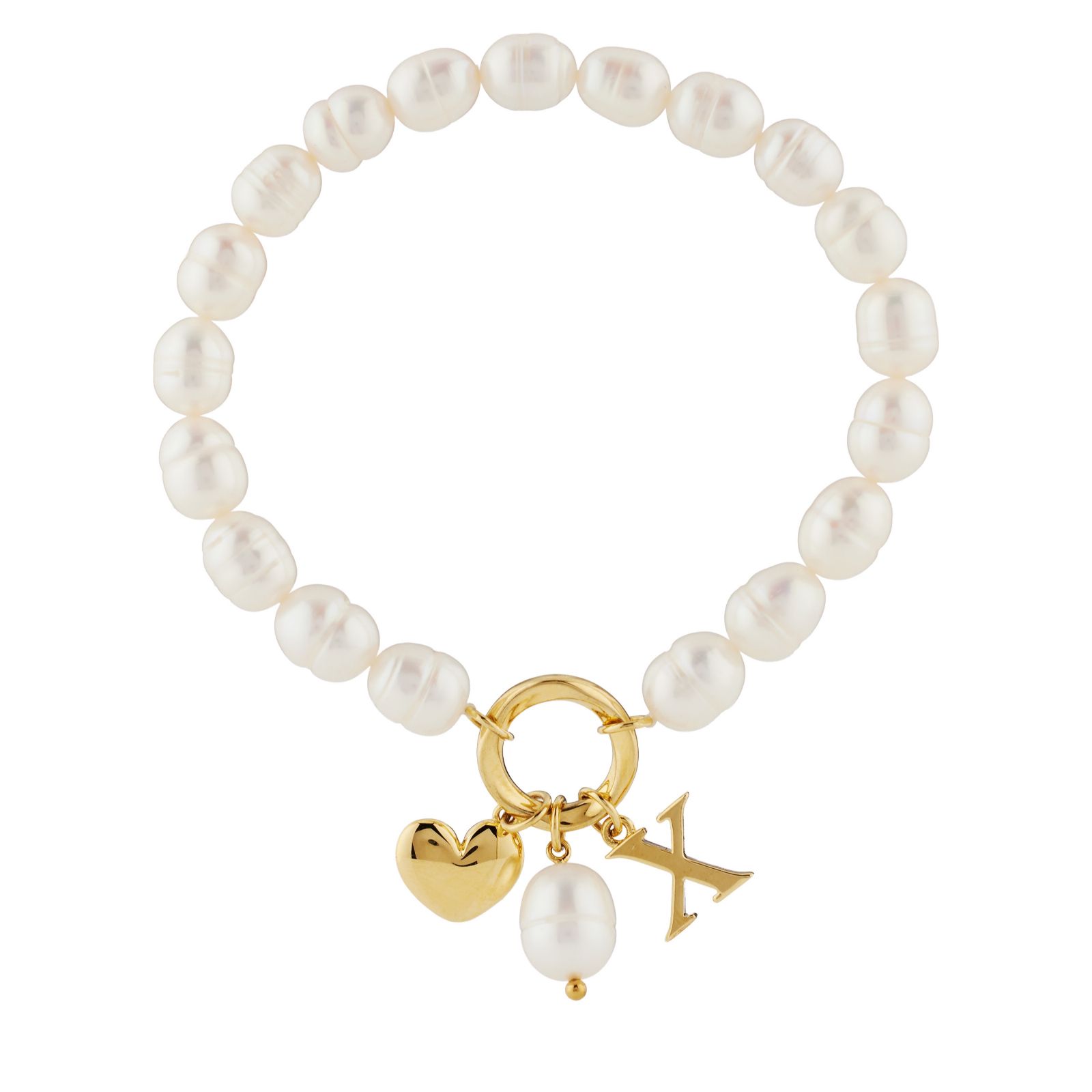 Lara Pearl 7-8mm Fresh Water Pearl Initial Charm Love Letters Stretch Bracelet