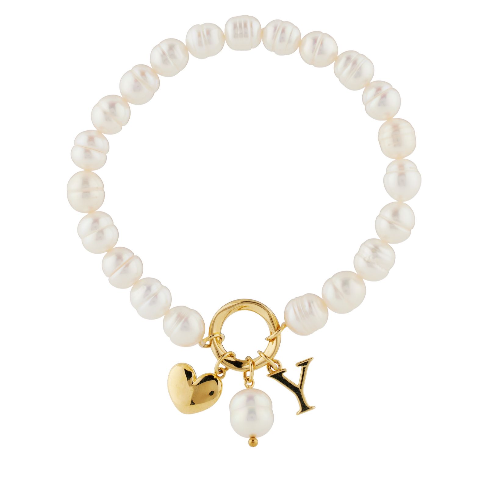 Lara Pearl 7-8mm Fresh Water Pearl Initial Charm Love Letters Stretch Bracelet