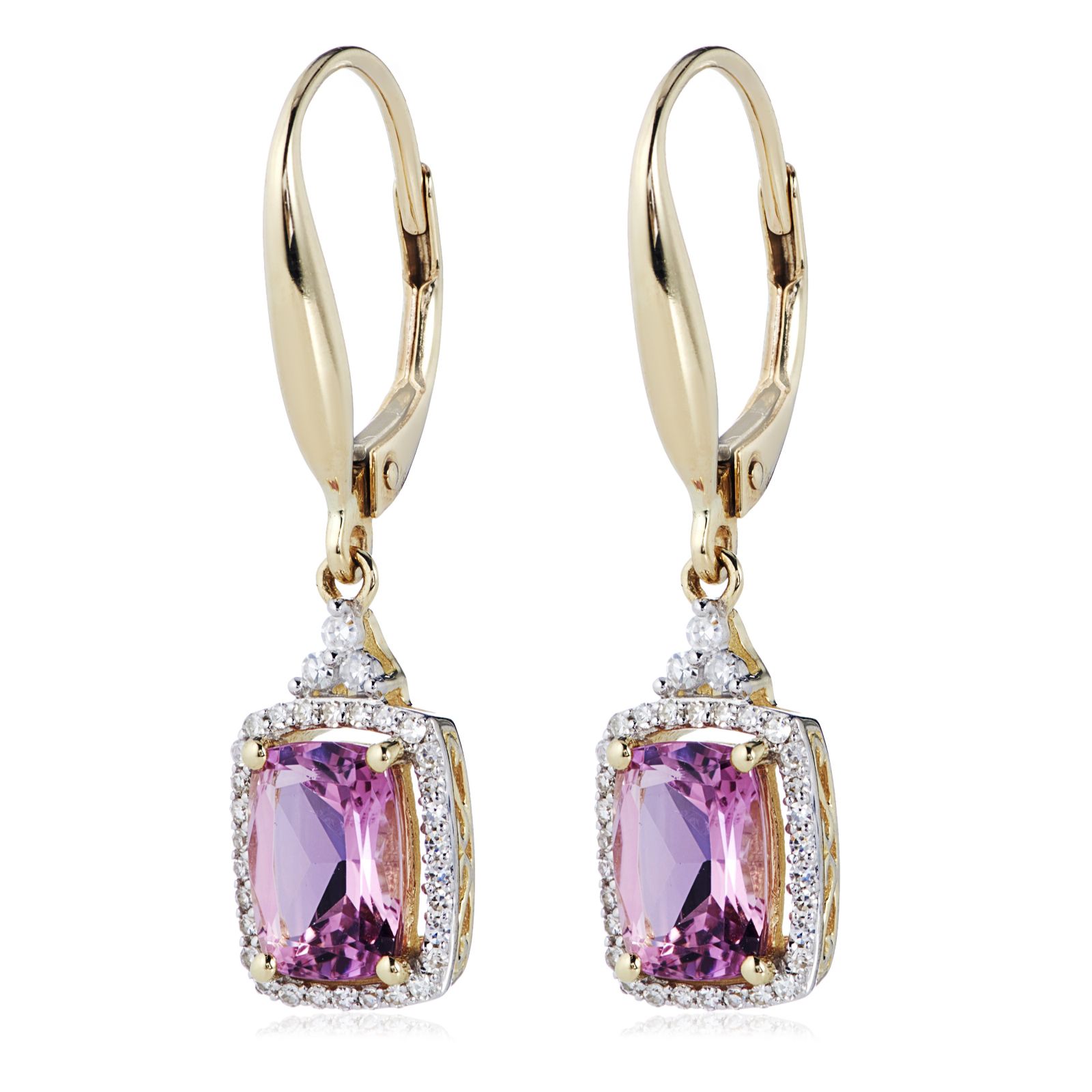 0.15ct Diamond &1.50ct Pink Tourmaline Cushion Cut Lever Back Earrings 9ct Gold