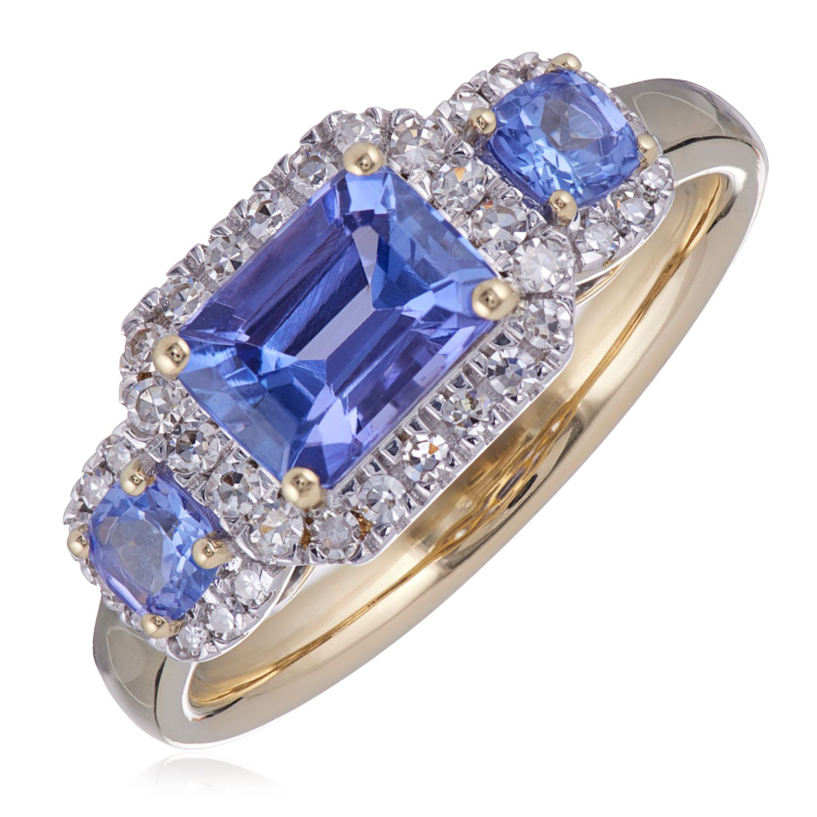 1.23ct AA Tanzanite and 0.20ct Diamond East West Trilogy Ring 9ct Gold