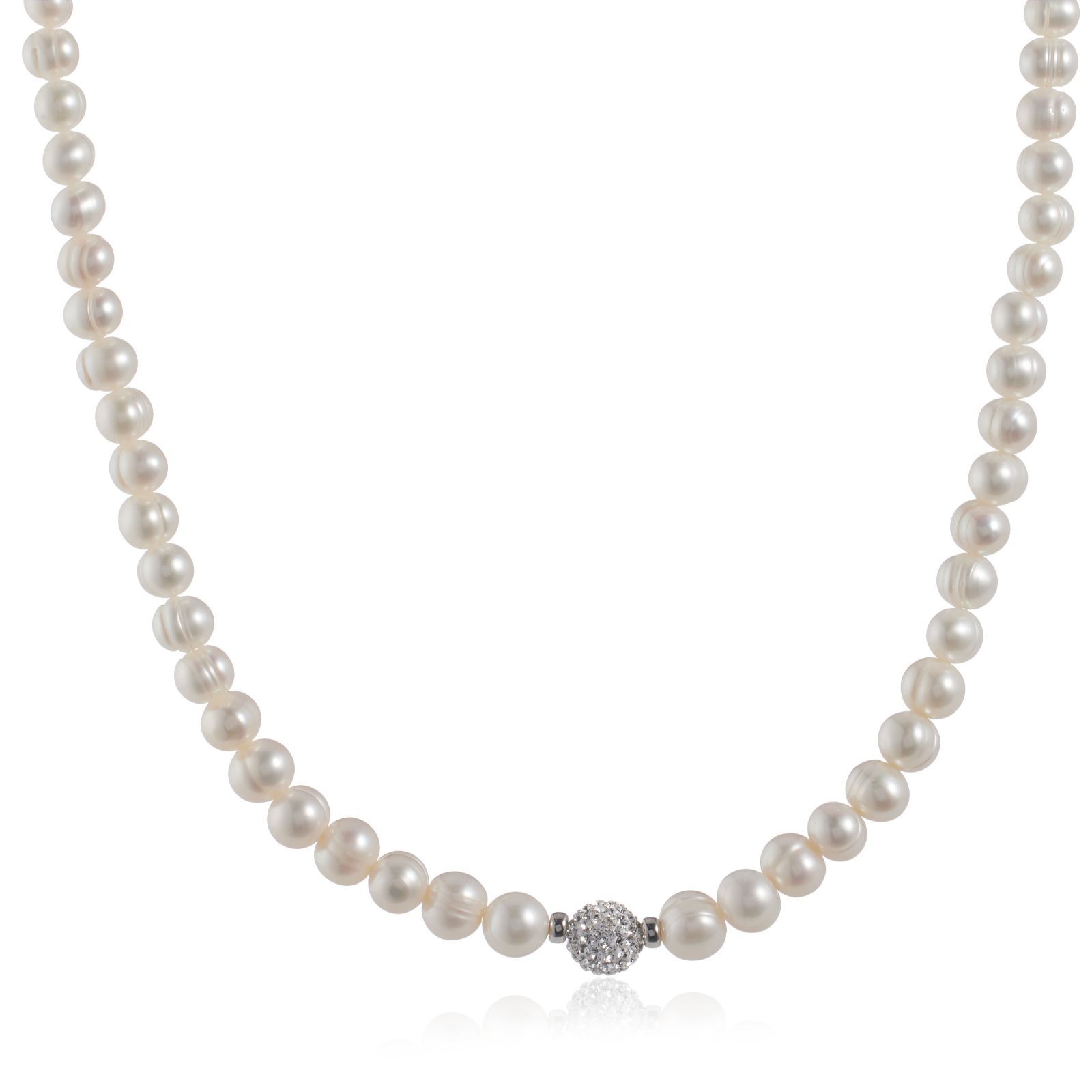 Lara Pearl Pave Crystal Bead Pearl 45cm Necklace Sterling Silver