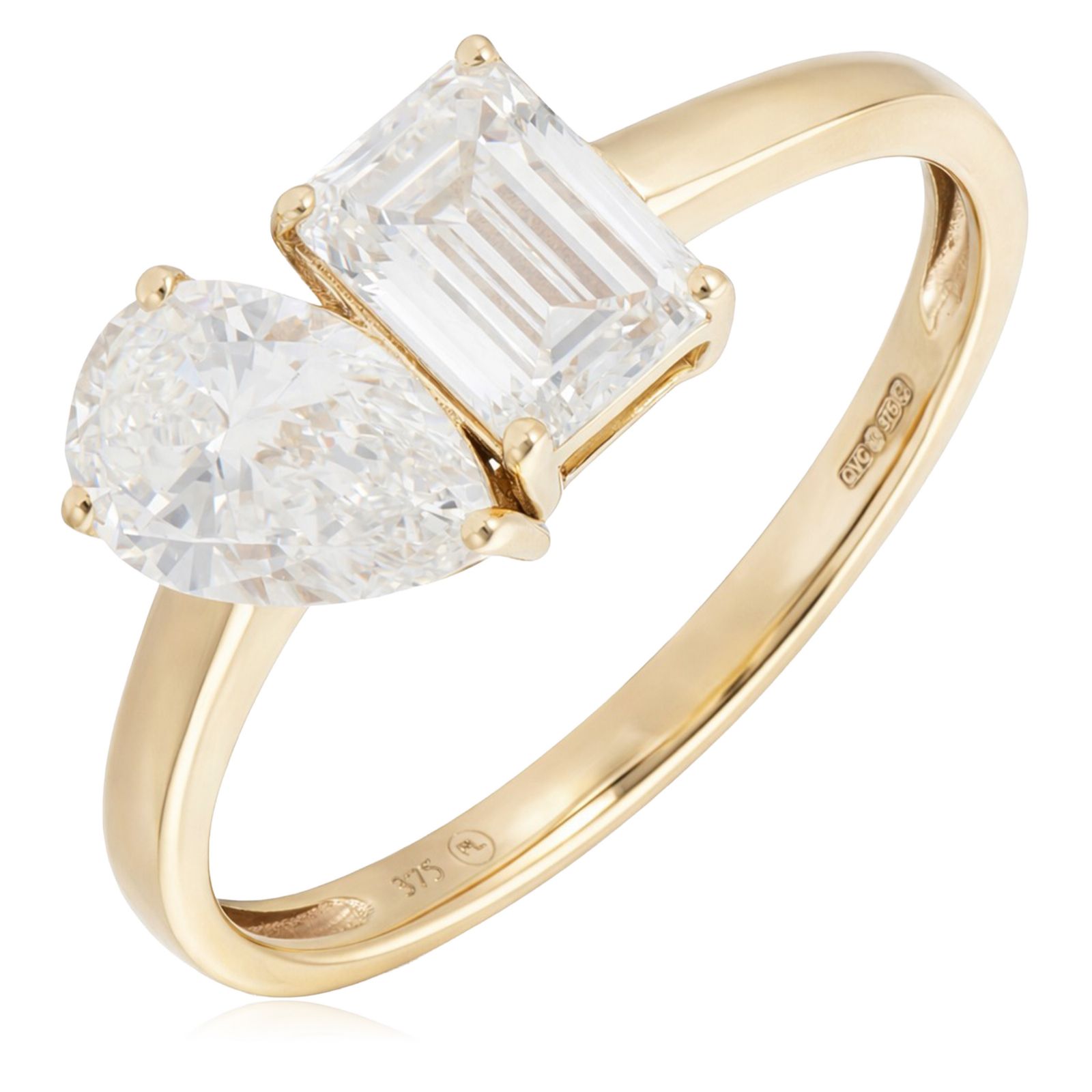 Fire Light 2ct Lab Grown Diamond Toi et Moi Pear & Emerald Ring 9ct Gold