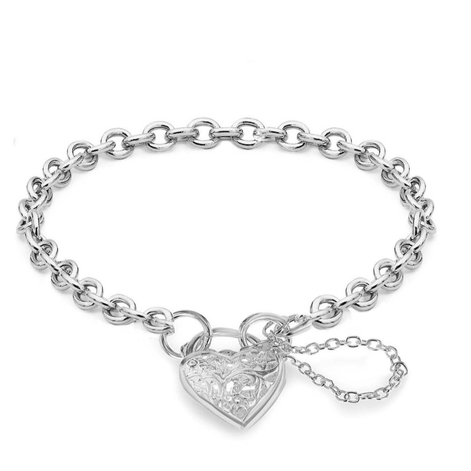 SILVER Heart Padlock with Safety Chain Bracelet 19cm - QVC UK