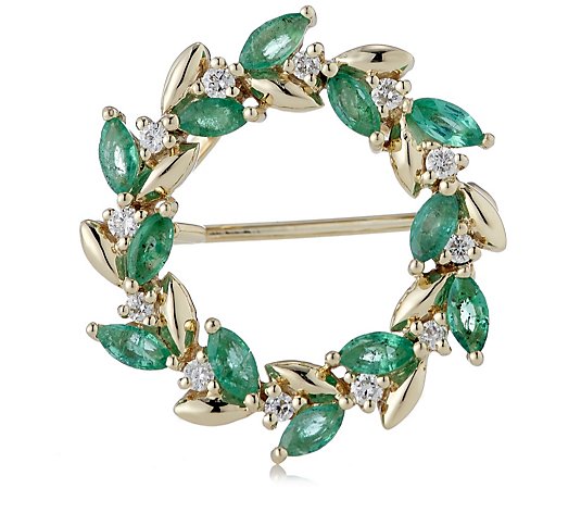 0.76ct Emerald Marquise & 0.16ct Diamond Brooch 9ct Gold