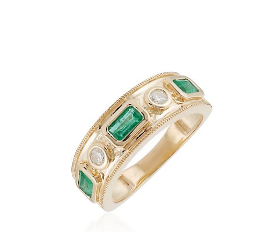 0.65ct Emerald Octagon & 0.12ct Diamond Band Ring 9ct Gold