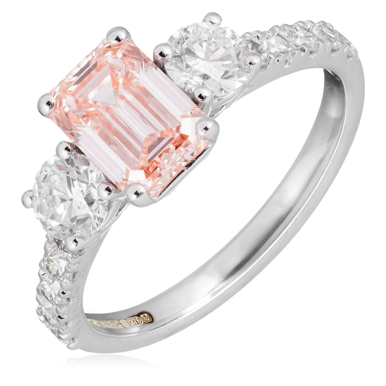 Fire Light 2ct Lab Grown Pink Diamond Emerald Cut Trilogy Ring 9ct Gold