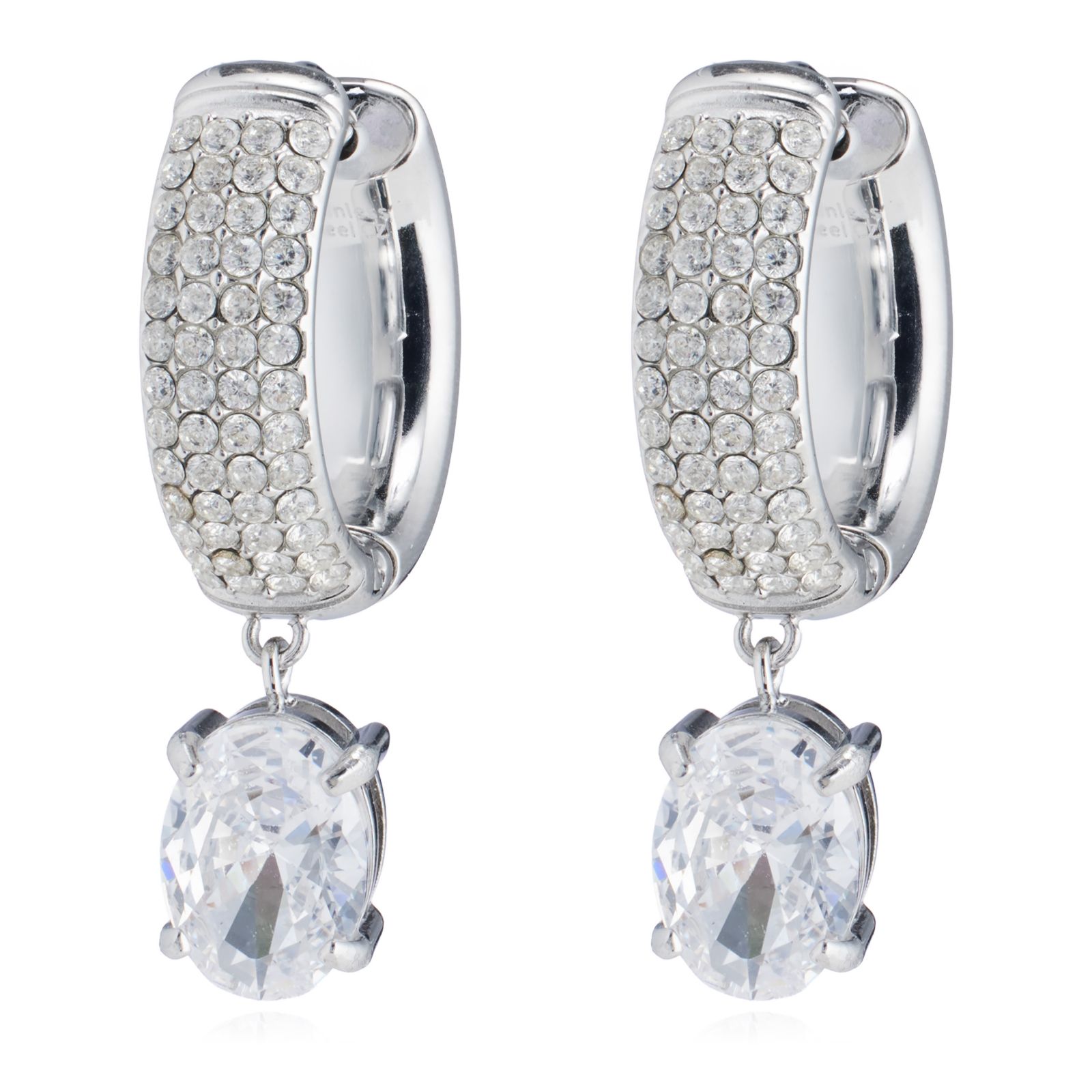 Steel by Diamonique Oval Cut Pave Drop Huggie Earrings Stainless Steel