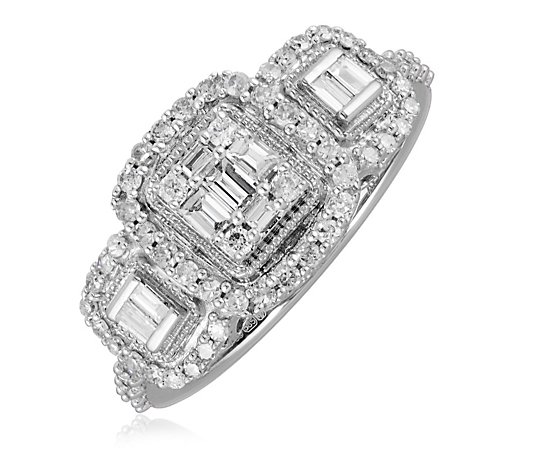 0.75ct Diamond Mixed Cut Trilogy Halo Ring 14ct Gold