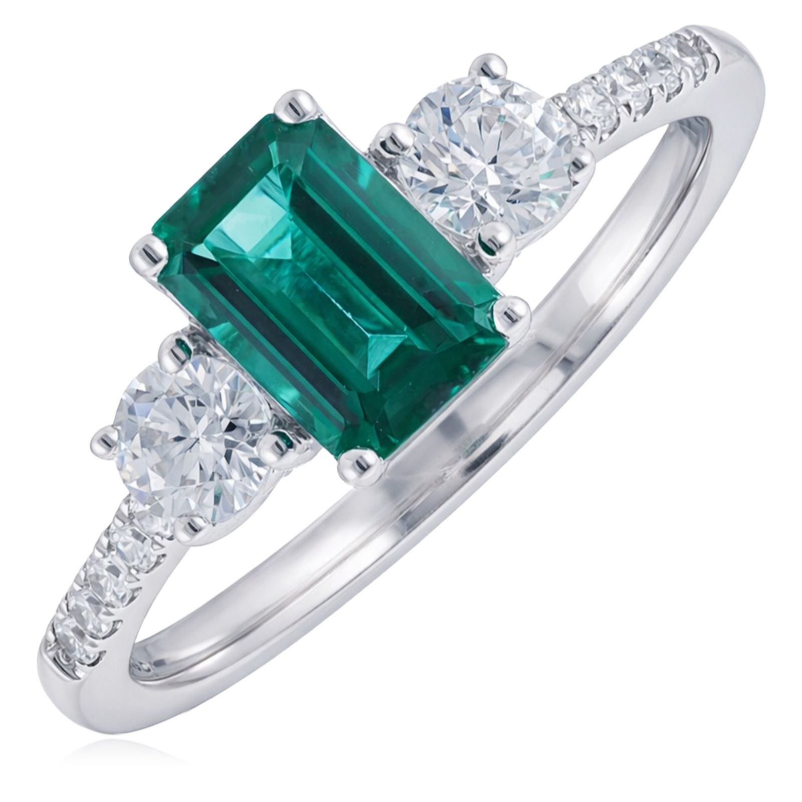  Fire Light 0.5ct Lab Grown Diamond 0.75ct Emerald Trilogy Ring 9ct Gold