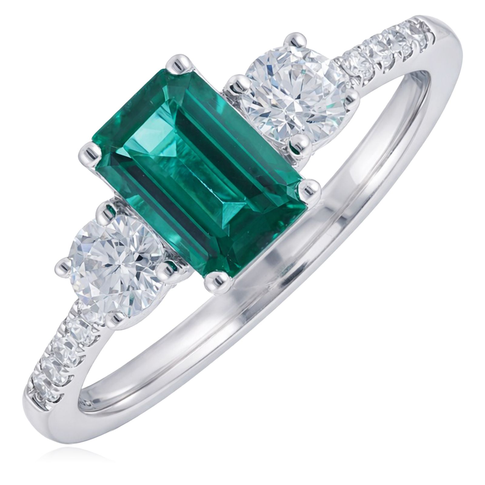 Fire Light 0.5ct Lab Grown Diamond 0.75ct Emerald Trilogy Ring 9ct Gold