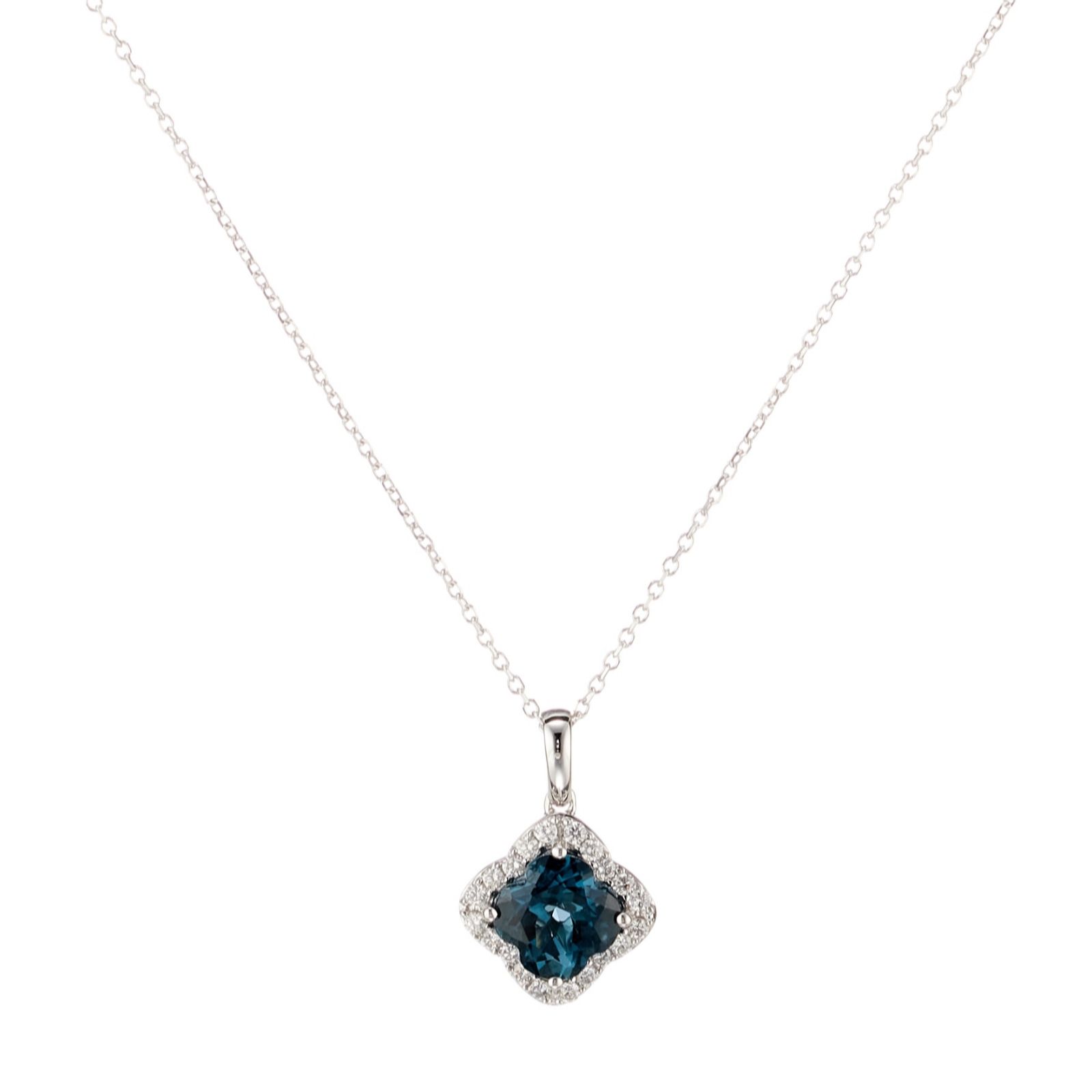 1.8ct Clover Cut London Blue Topaz & 0.2ct Diamond Pendant & Chain 9ct Gold