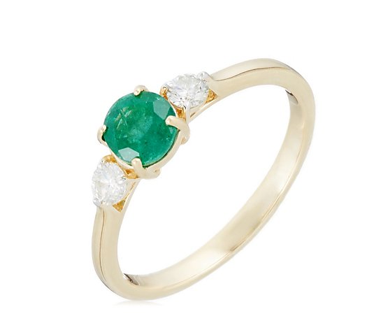 0.70ct Zambian Emerald Round & 0.25ct Diamond Trilogy Ring 14ct Gold
