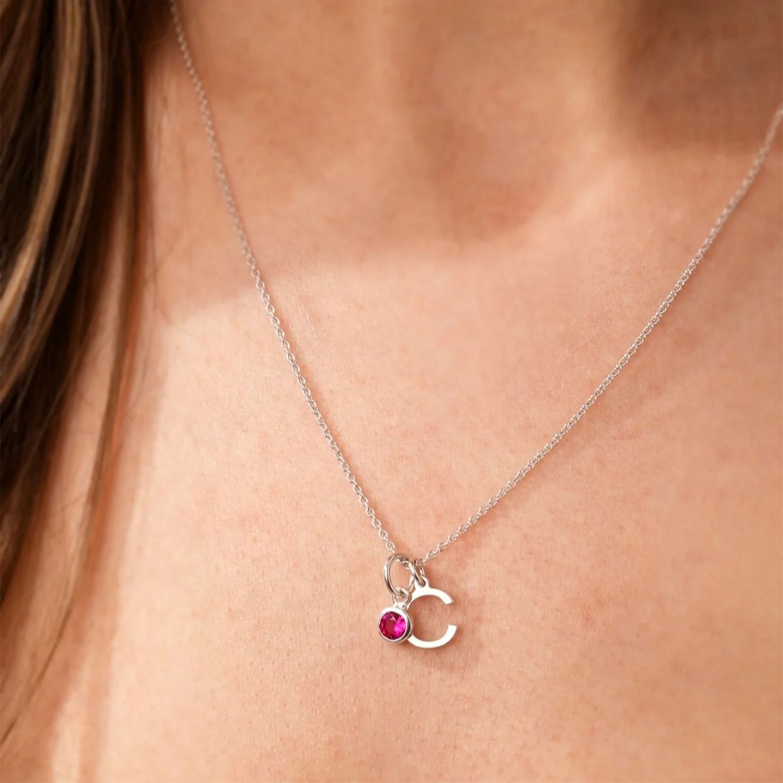 Posh Totty Designs Birthstone & Initial Charm Necklace Sterling Silver