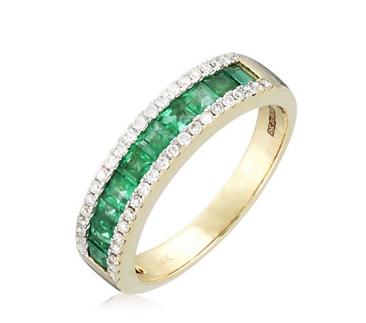 0.85ct Zambian Emerald Square & 0.25ct Diamond Band Ring 14ct Gold