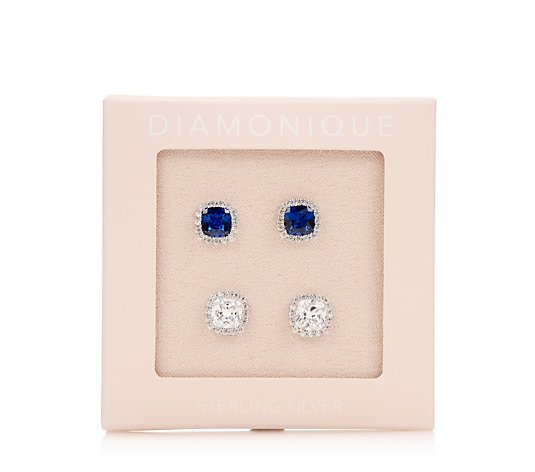 Diamonique 1.4ct tw Set of Two Cushion Cut Halo Studs Sterling Silver