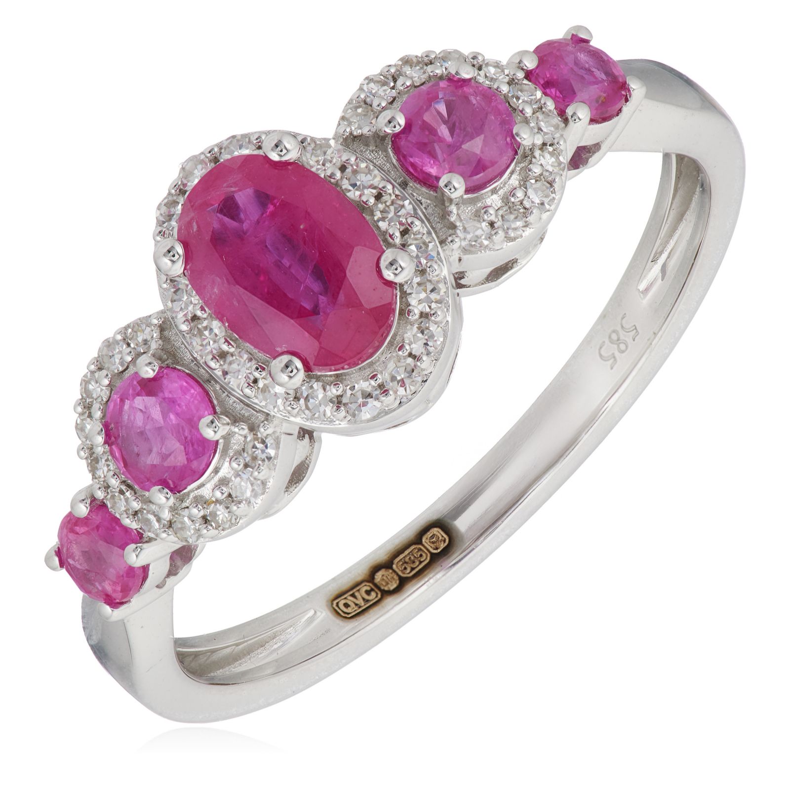 0.12ct Diamond & 0.9ct Fura Ruby 5 Stone Halo Ring 14ct Gold