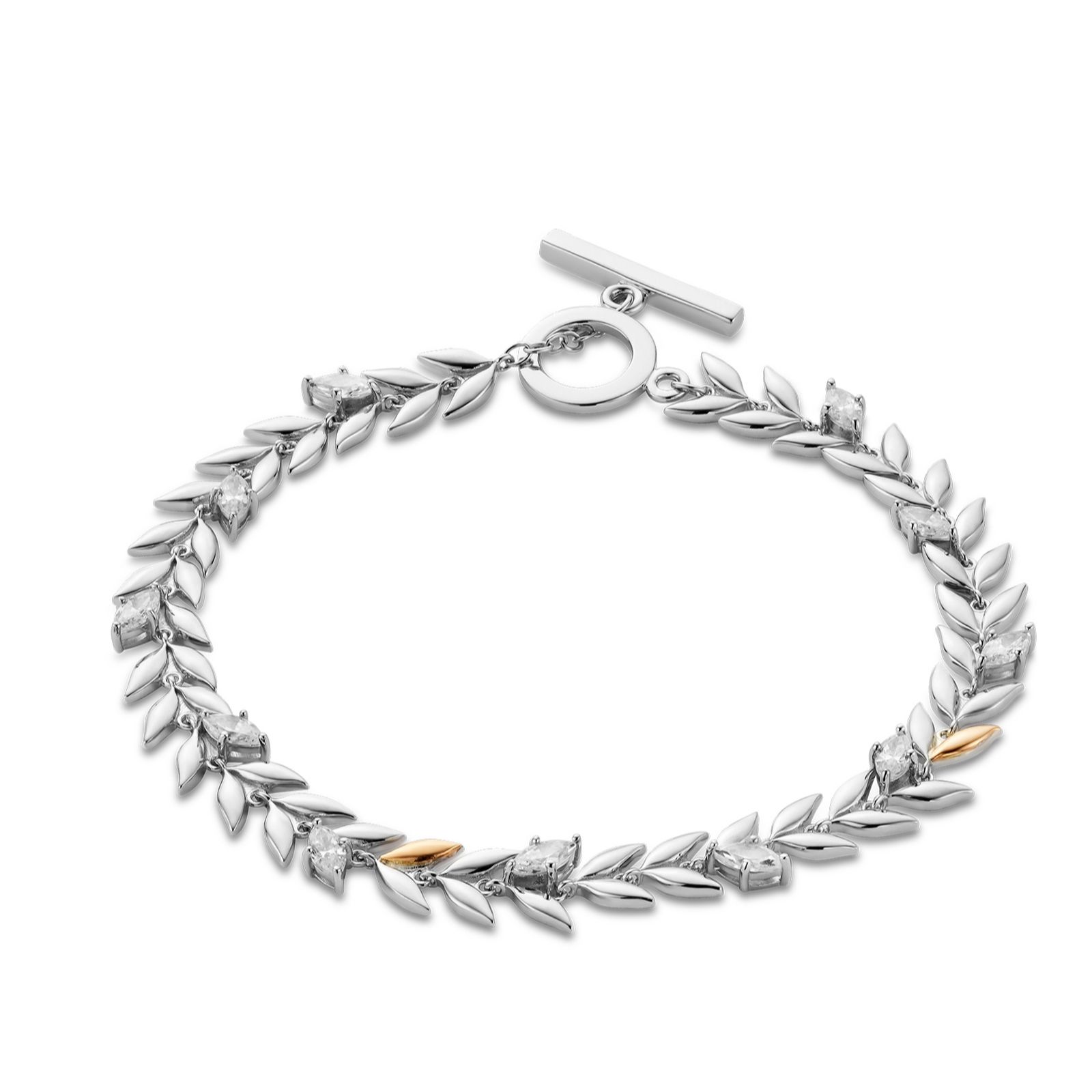 Royal Clogau Leaf Sterling Silver T-Bar Bracelet w/Swarovski CZ