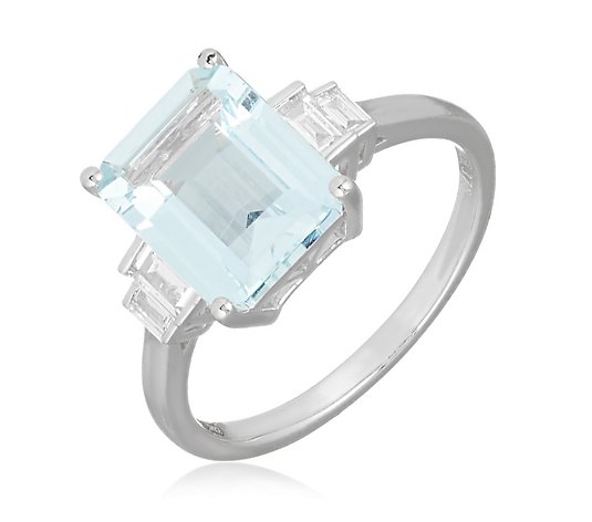 Outlet 2.30ct Aquamarine Octagon & Baguette Diamond Ring 9ct Gold
