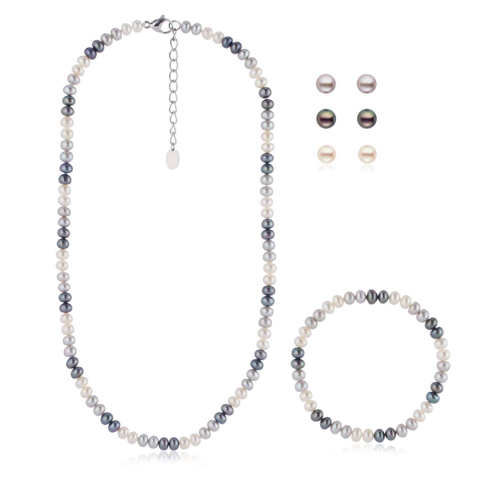 Lara Pearl Fresh Water Pearl Necklace, Bracelet and Stud Set Stainless Steel