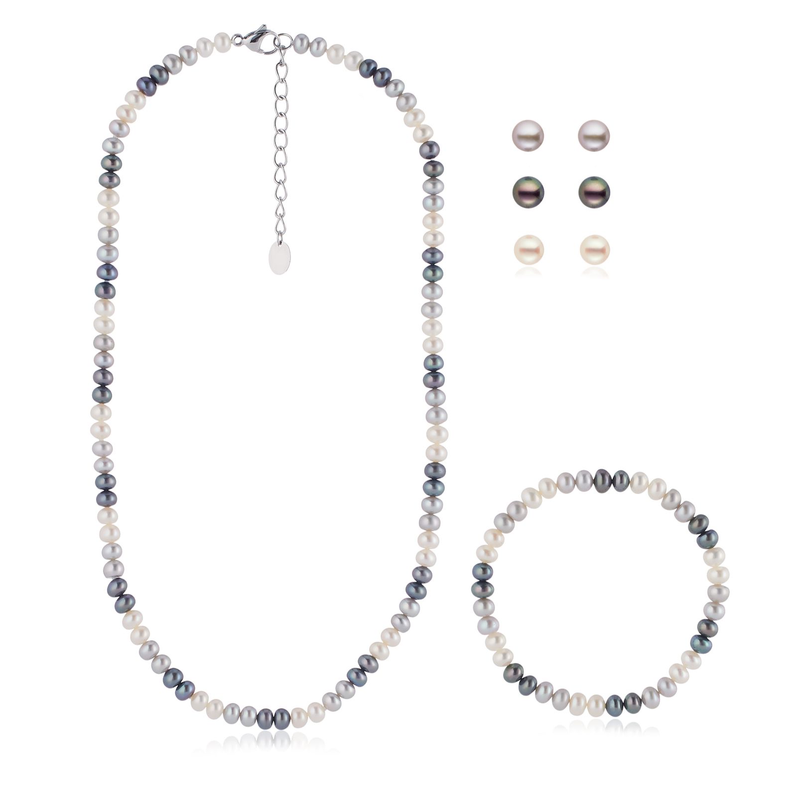 Lara Pearl Fresh Water Pearl Necklace, Bracelet and Stud Set Stainless Steel