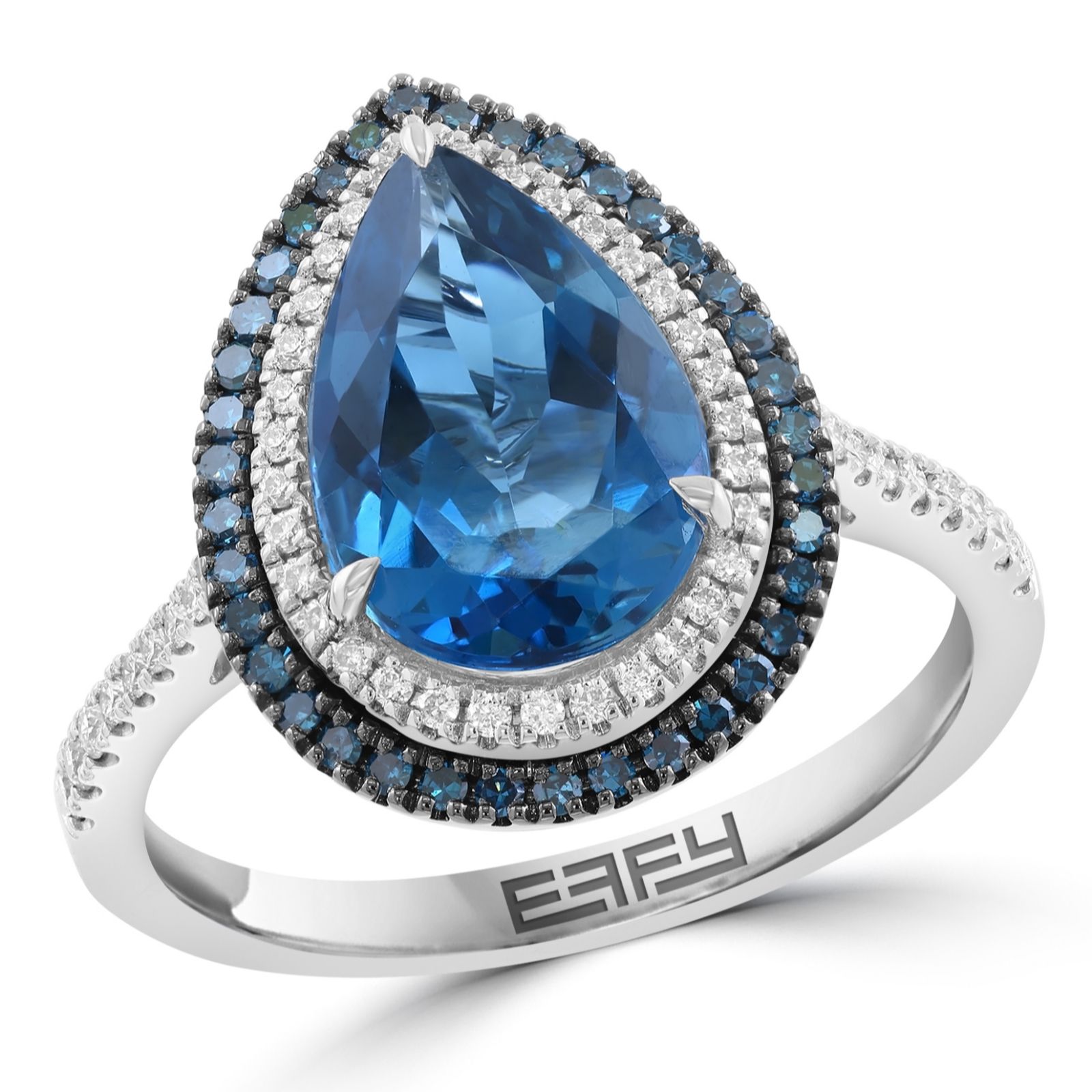 Effy 0.41ct Diamond 3.35ct London Blue Topaz Pear Cut Ring 14ct Gold