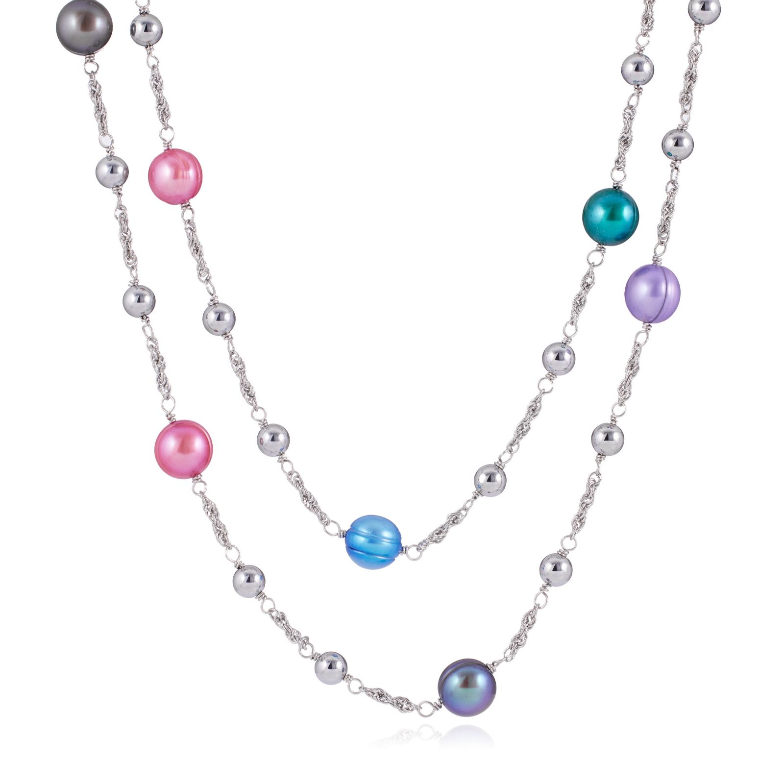 Lara Pearl 10-11mm Ringed Potato Pearl & Chain Necklace Stainless Steel