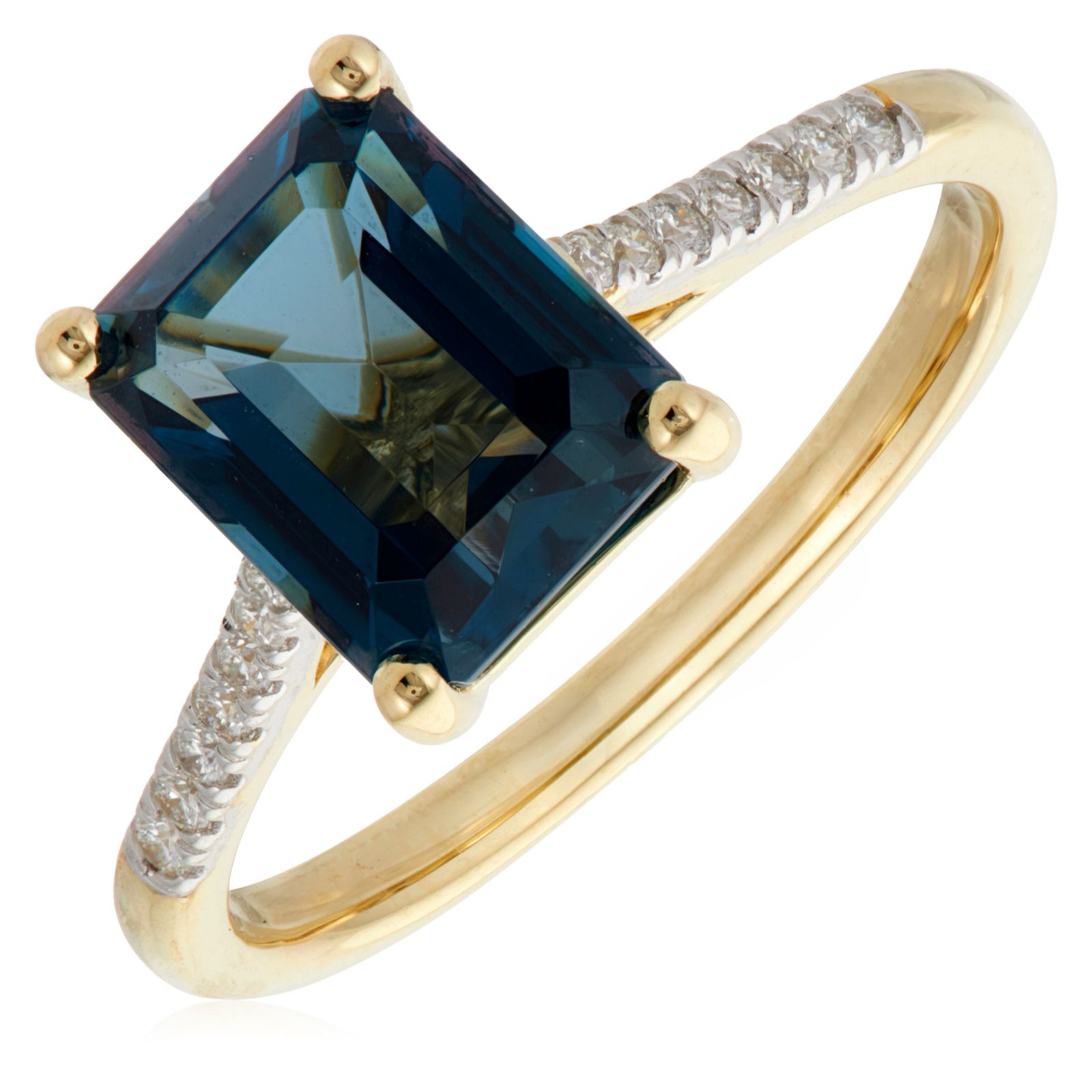 2.5ct Emerald Cut London Blue Topaz & 0.10ct Diamond Ring 9ct Gold