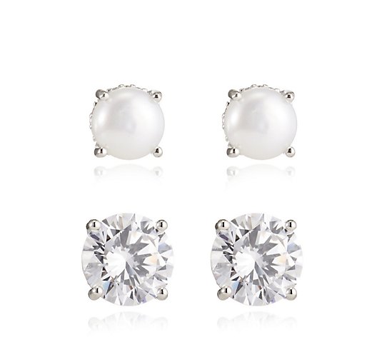 Diamonique 2.3ct tw Freshwater Pearl Stud Set Sterling Silver
