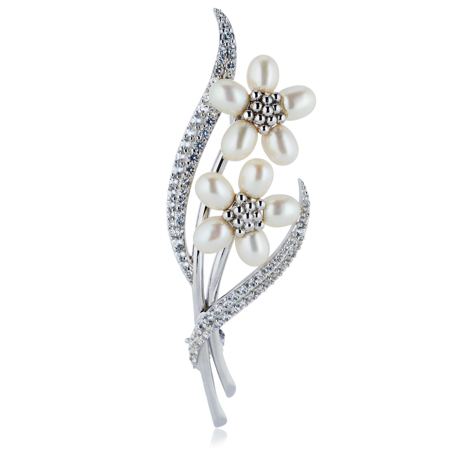 Lara Pearl 4-5mm Oval Freshwater Pearl and White Topaz Brooch Sterling Silver