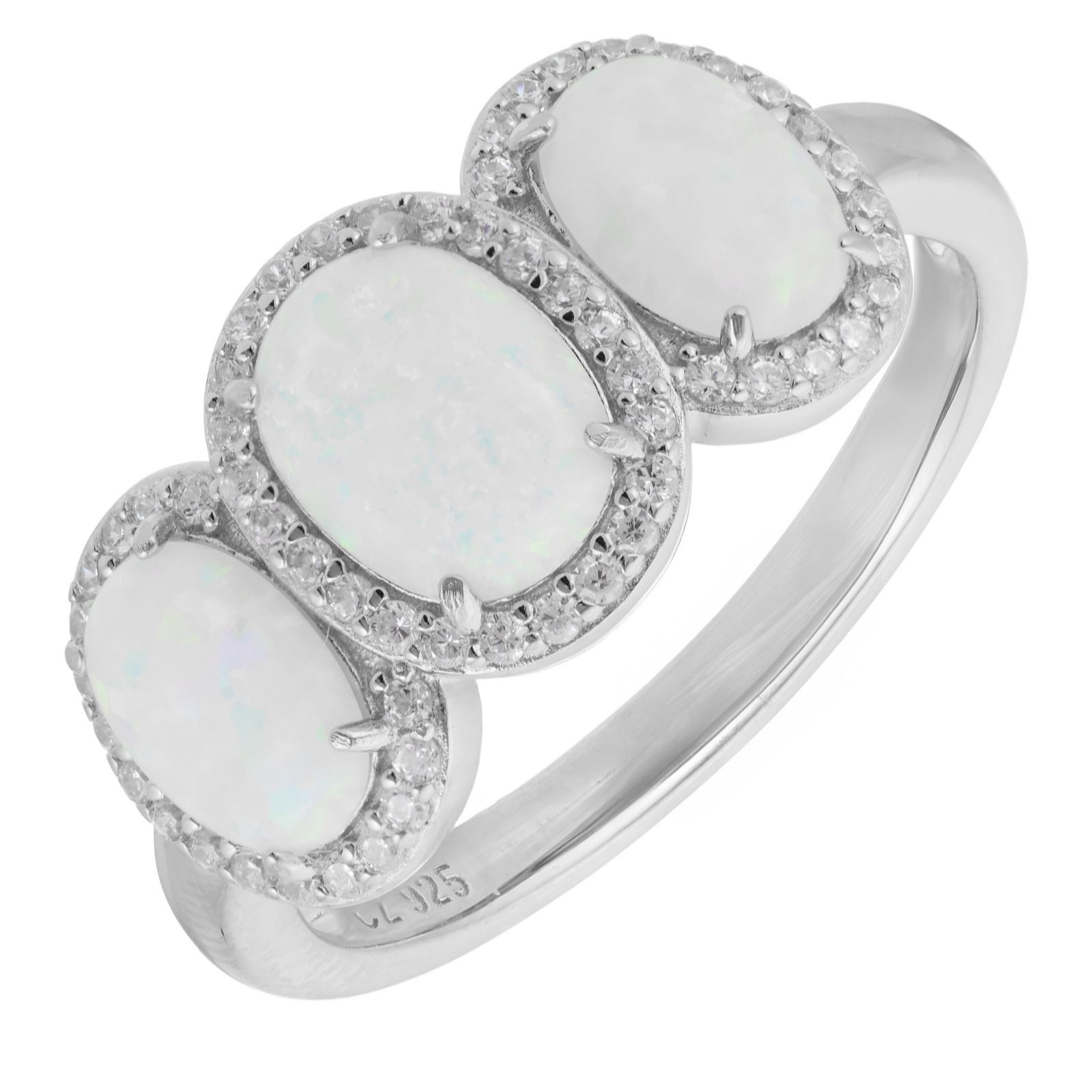 Diamonique 0.29ct tw Oval Opal Trilogy Ring Sterling Silver
