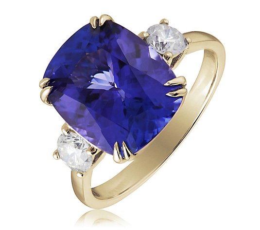 Outlet 6.50ct AAAA Tanzanite Cushion & 0.50ct Diamond Trilogy Ring 18ct Gold