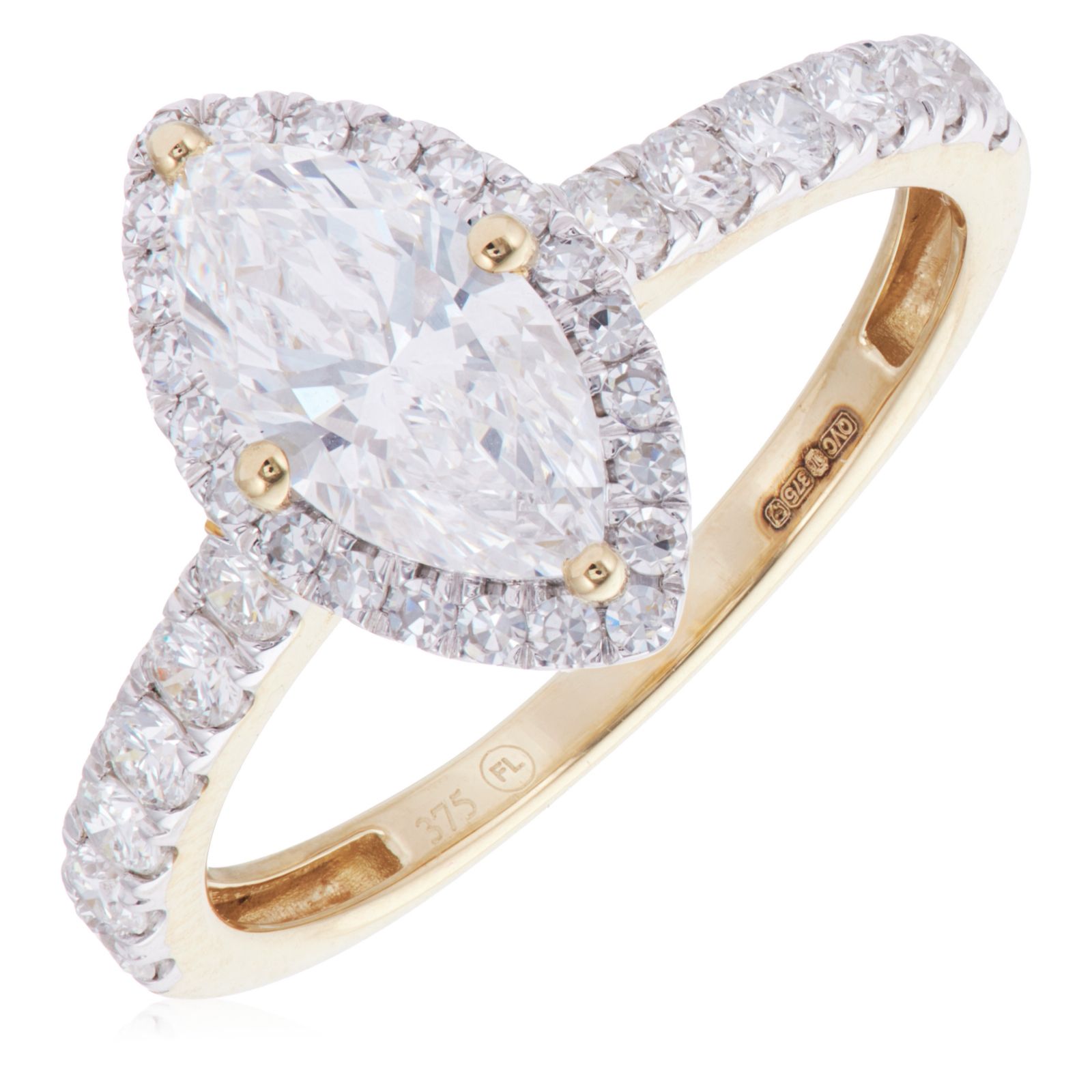 Fire Light 1.55ct Lab Grown Diamond Marquise Cut Halo Ring 9ct Gold