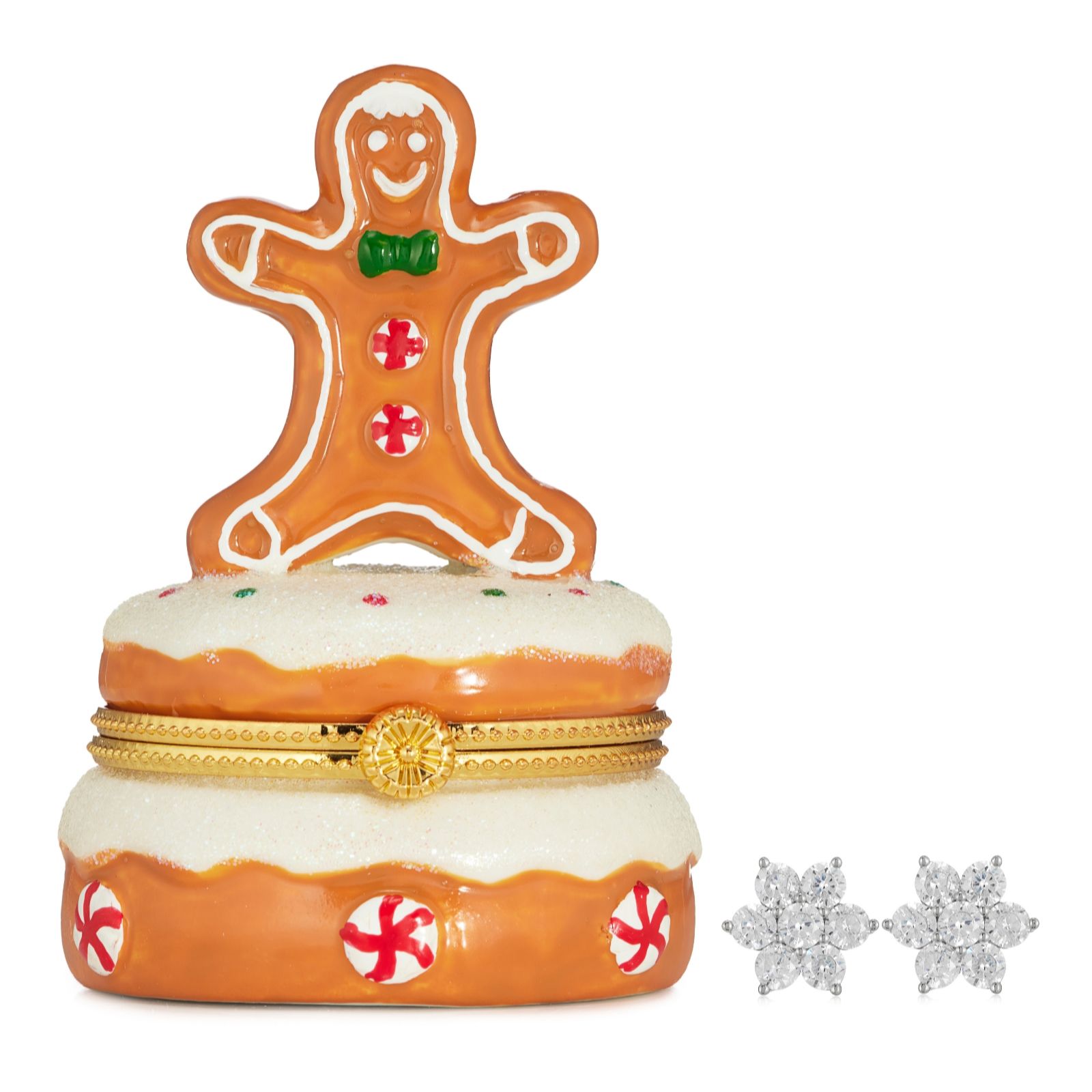 Diamonique 1ct tw Earrings in Ceramic Gingerbread Man Giftbox