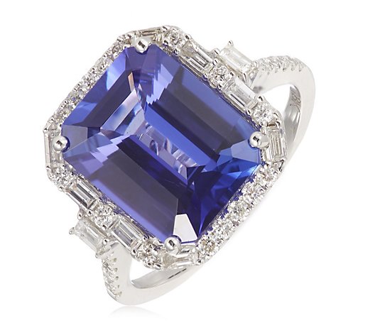 5.75ct AAAA Tanzanite Octagon 0.50ct Baguette & Brilliant Diamond Halo Ring