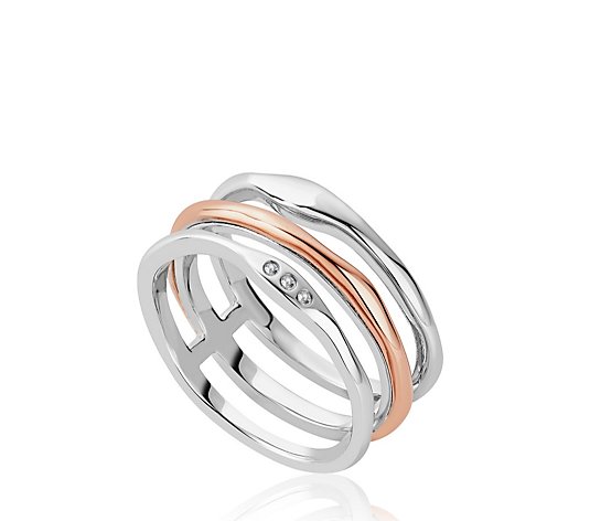Clogau Ripples Triple Band White Topaz Ring Sterling Silver & 9ct Gold