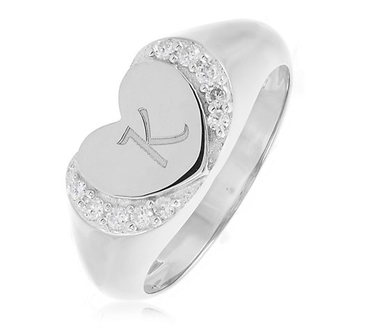 Diamonique Personalised Heart Signet Ring Sterling Silver