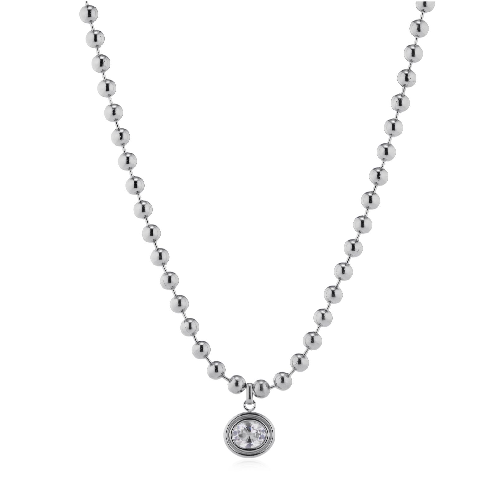 Diamonique Double Bezel Oval Pendant & Ball Bead Necklace Stainless Steel