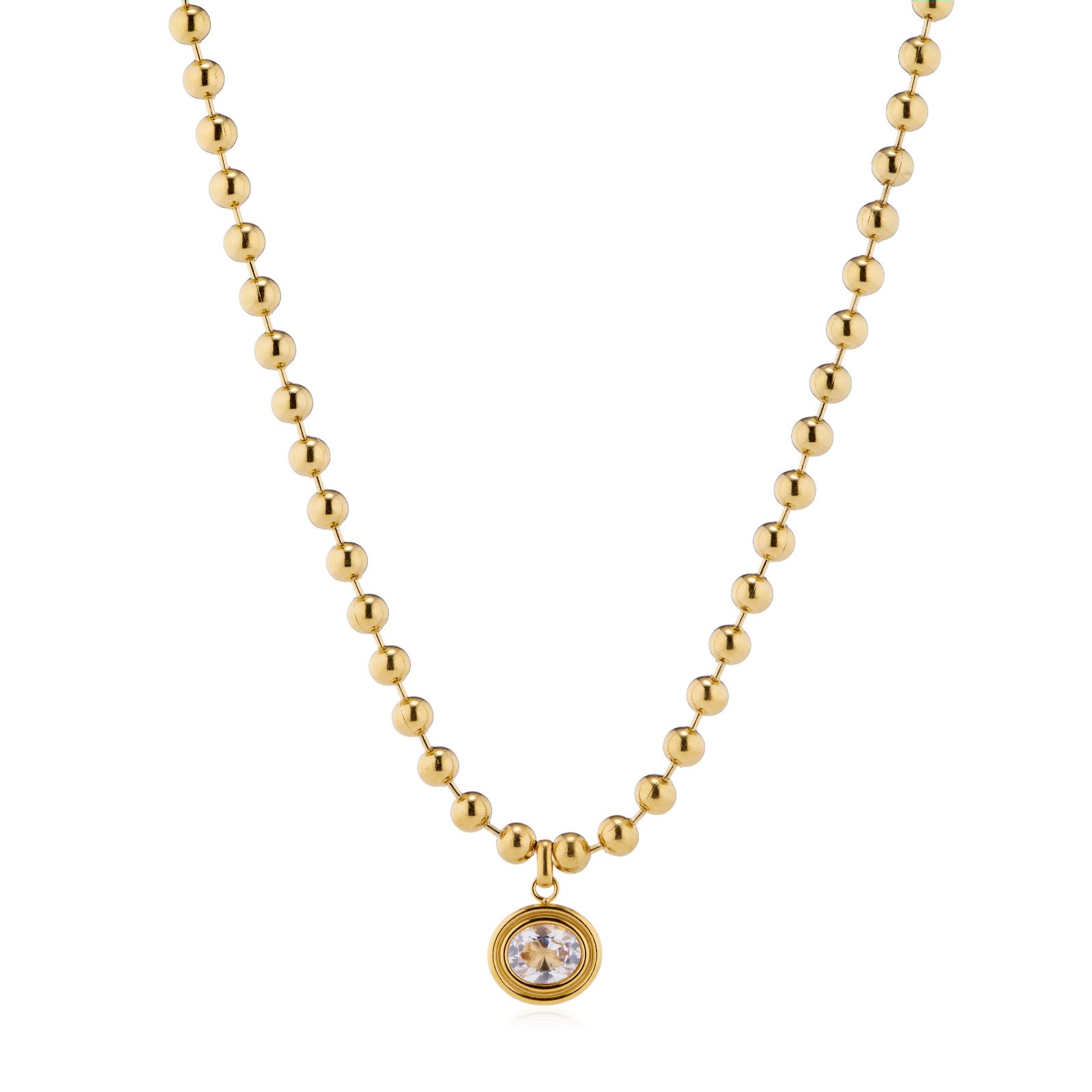 Diamonique Double Bezel Oval Pendant & Ball Bead Necklace Stainless Steel