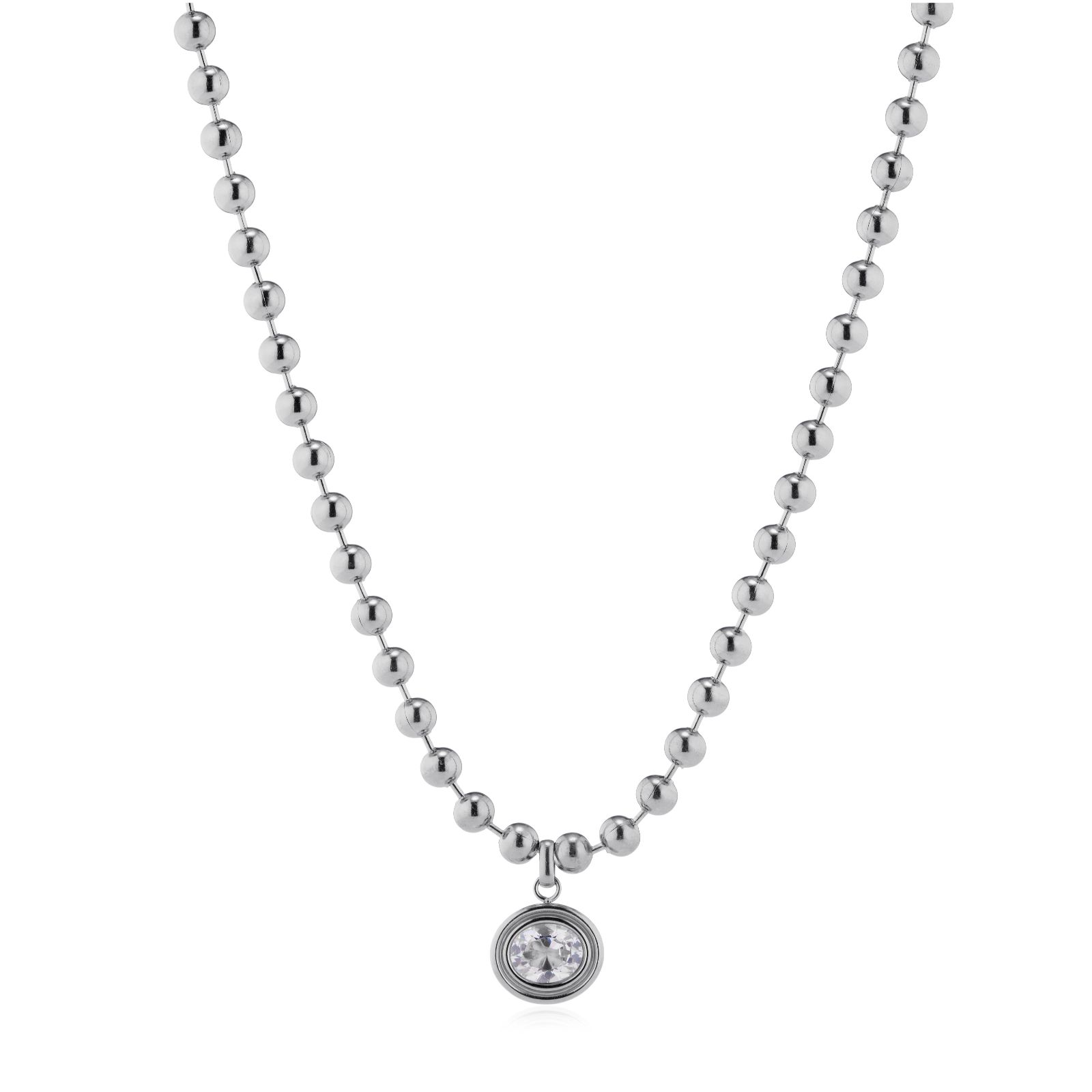 Diamonique Double Bezel Oval Pendant & Ball Bead Necklace Stainless Steel