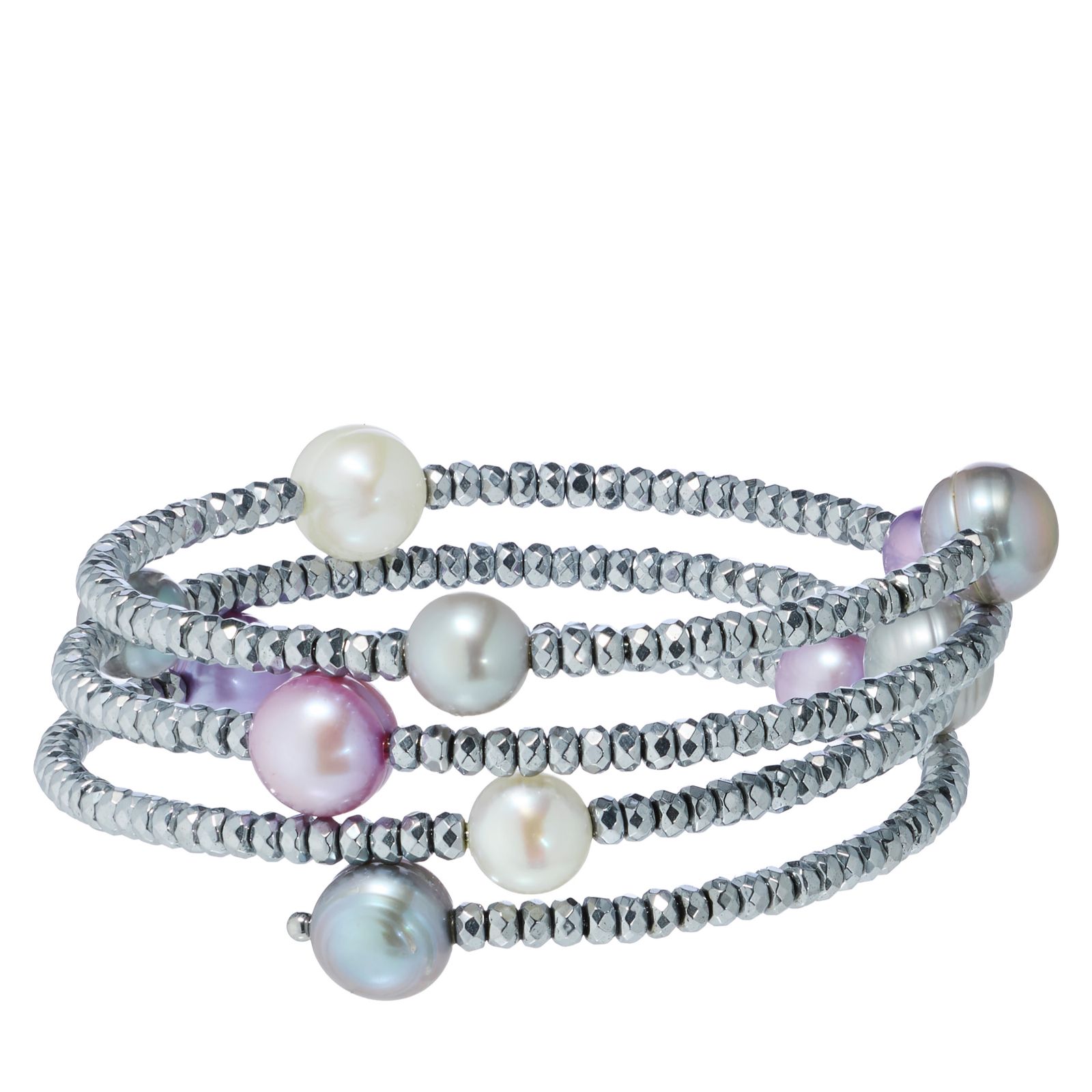 Lara Pearl 7 & 9mm Potato Pearl & Hematite Coiled Bracelet Stainless Steel