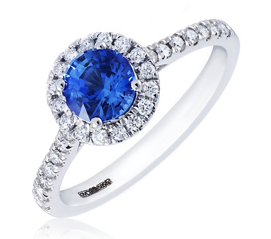 0.85ct Cornflower Blue Sapphire Round 0.33ct Diamond Halo Ring 14ct Gold
