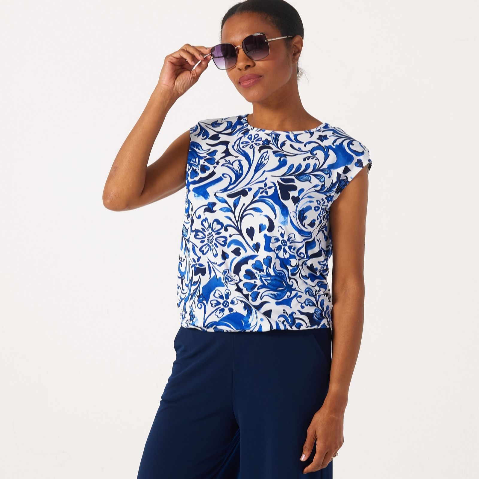 Kim & Co Printed Brazil Jersey Shoulder Pads Extended Shoulder Blouson Top