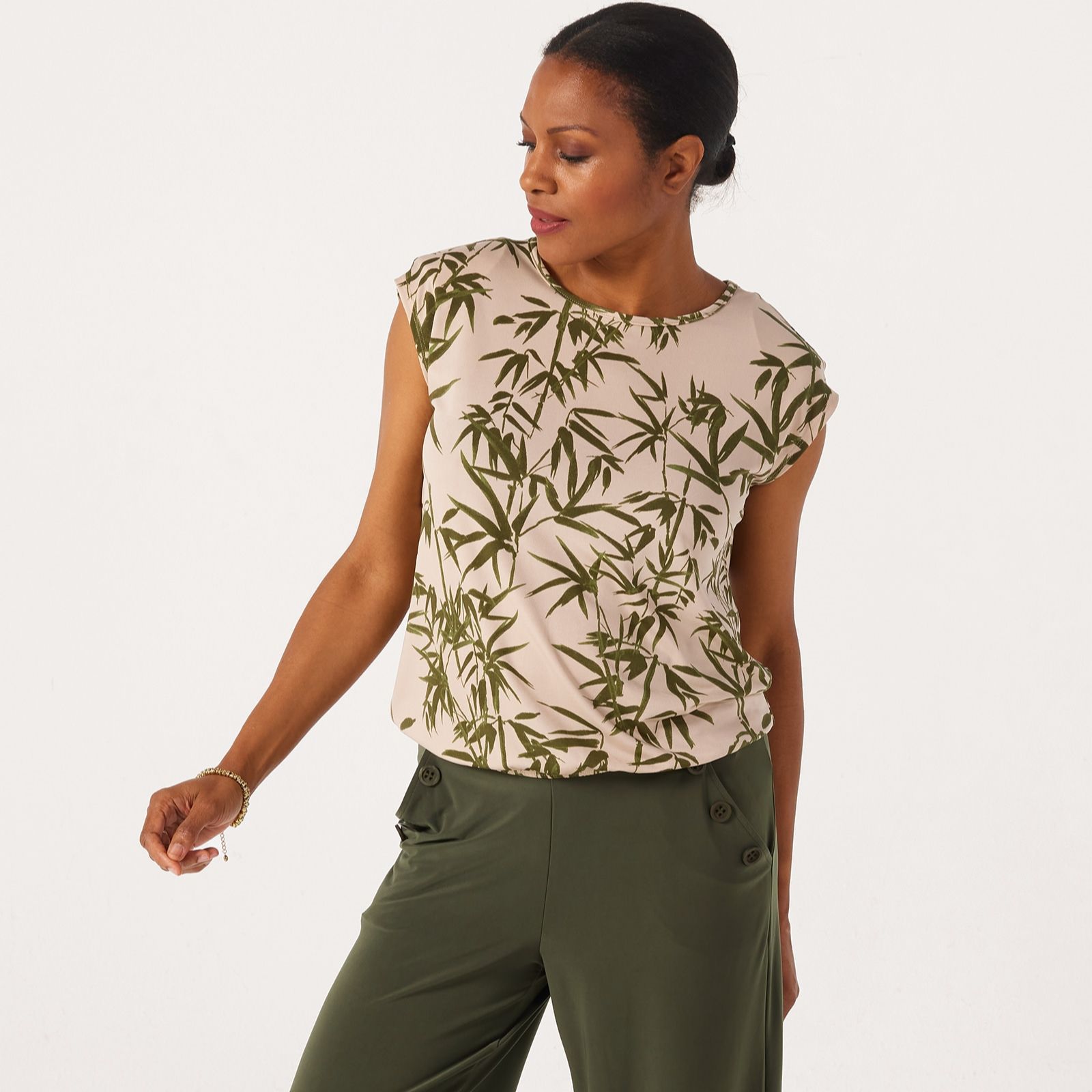 Kim & Co Printed Brazil Jersey Shoulder Pads Extended Shoulder Blouson Top