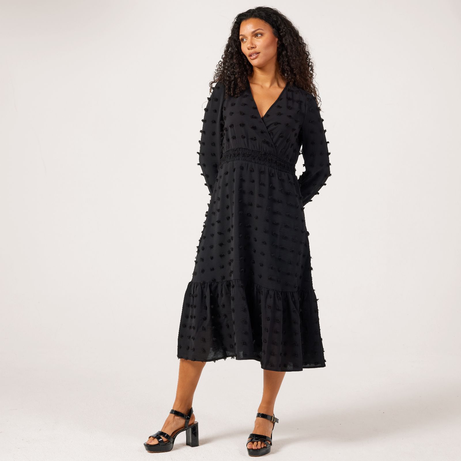 Nina Leonard Balloon Sleeve Texture Tiered Dress