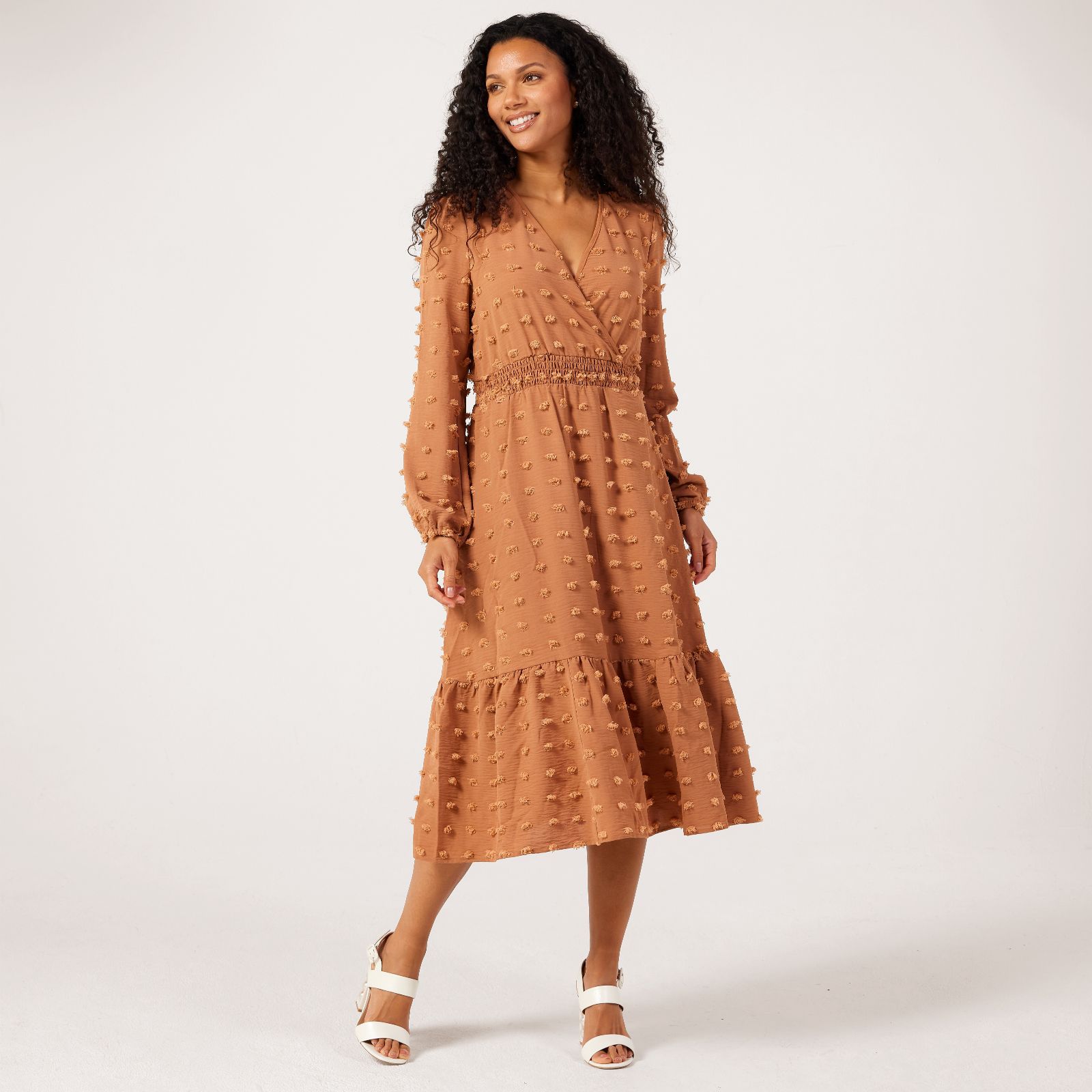 Nina Leonard Balloon Sleeve Texture Tiered Dress