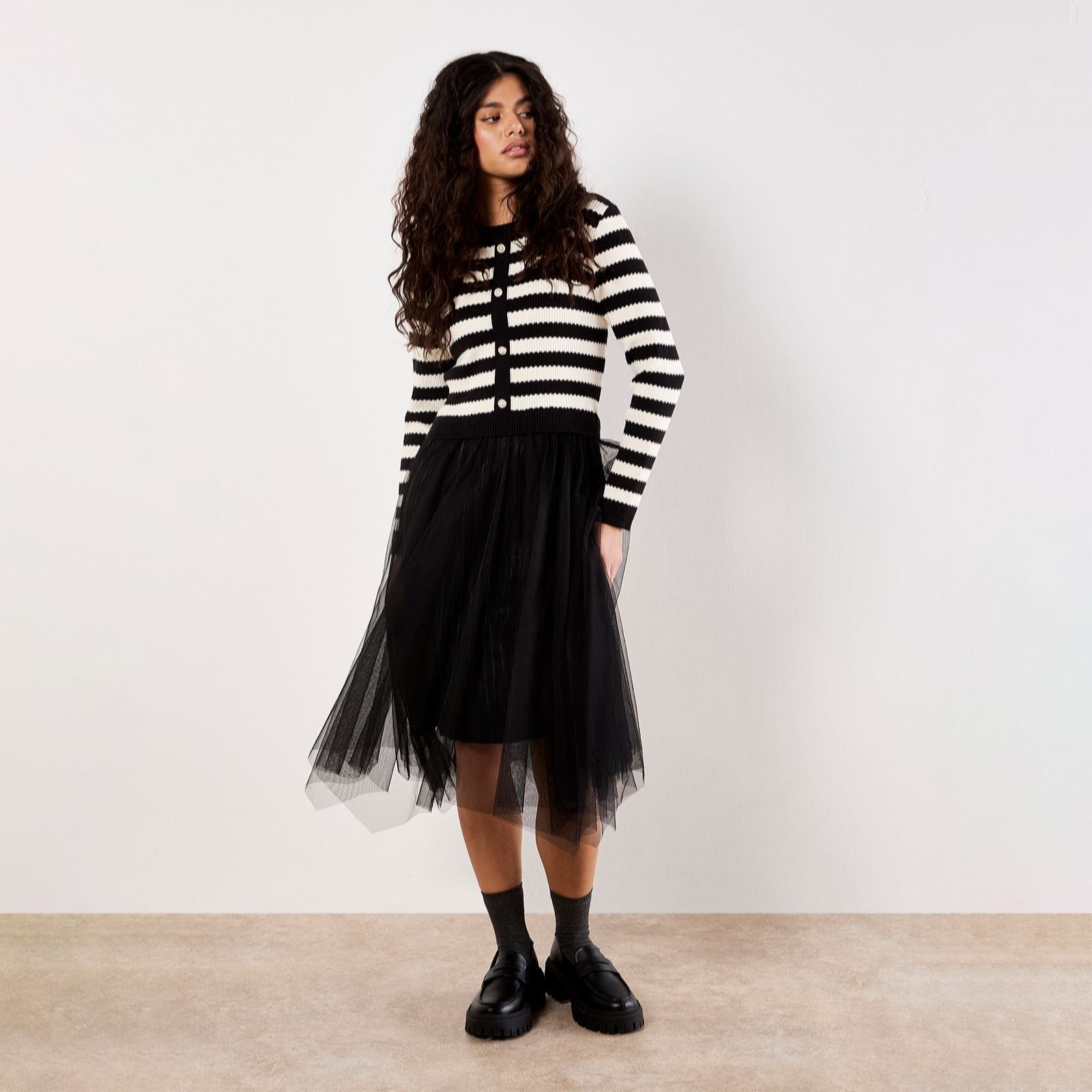 Apricot Pearl Buttons & Stripe Jumper Tulle Skirt Dress