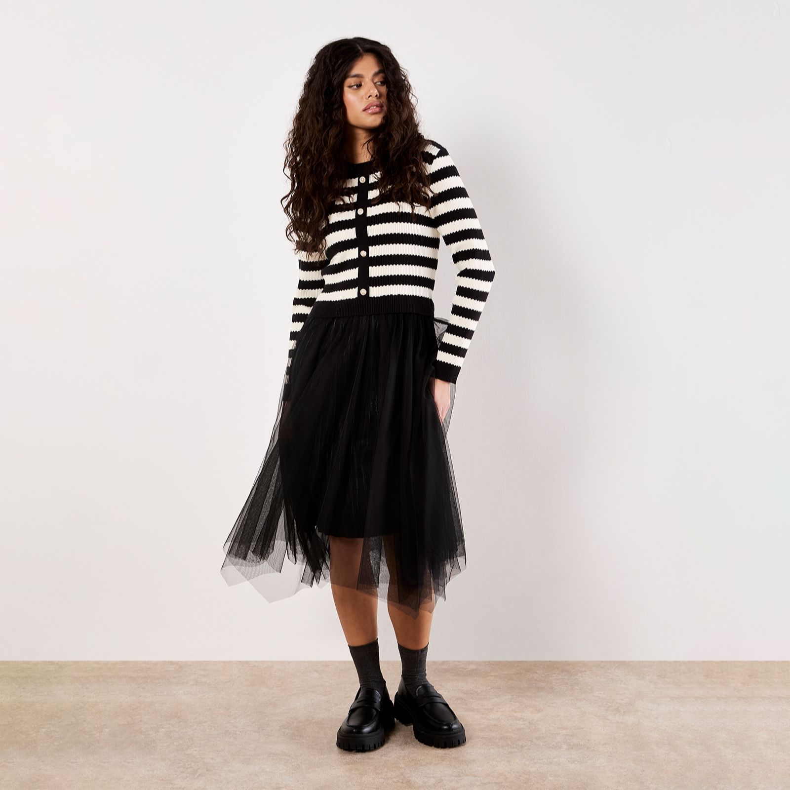 Apricot Pearl Buttons & Stripe Jumper Tulle Skirt Dress