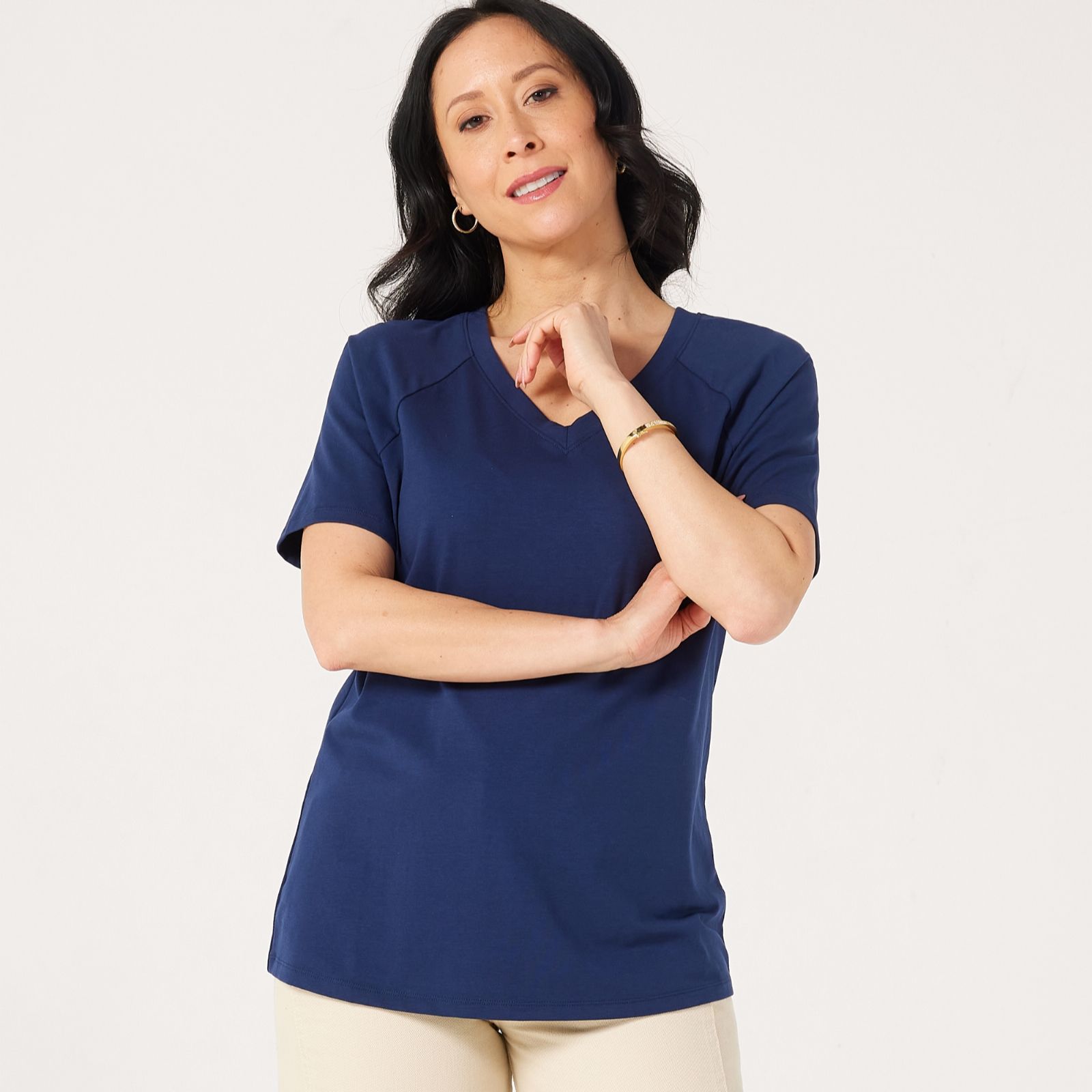 Denim & Co. Linen Essentials V-Neck Short Raglan Sleeve Top